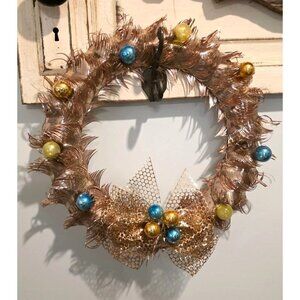 Rare Vintage Eyelash Foil Rose Gold Christmas Wreath Glass Ornament Retro Kitsch